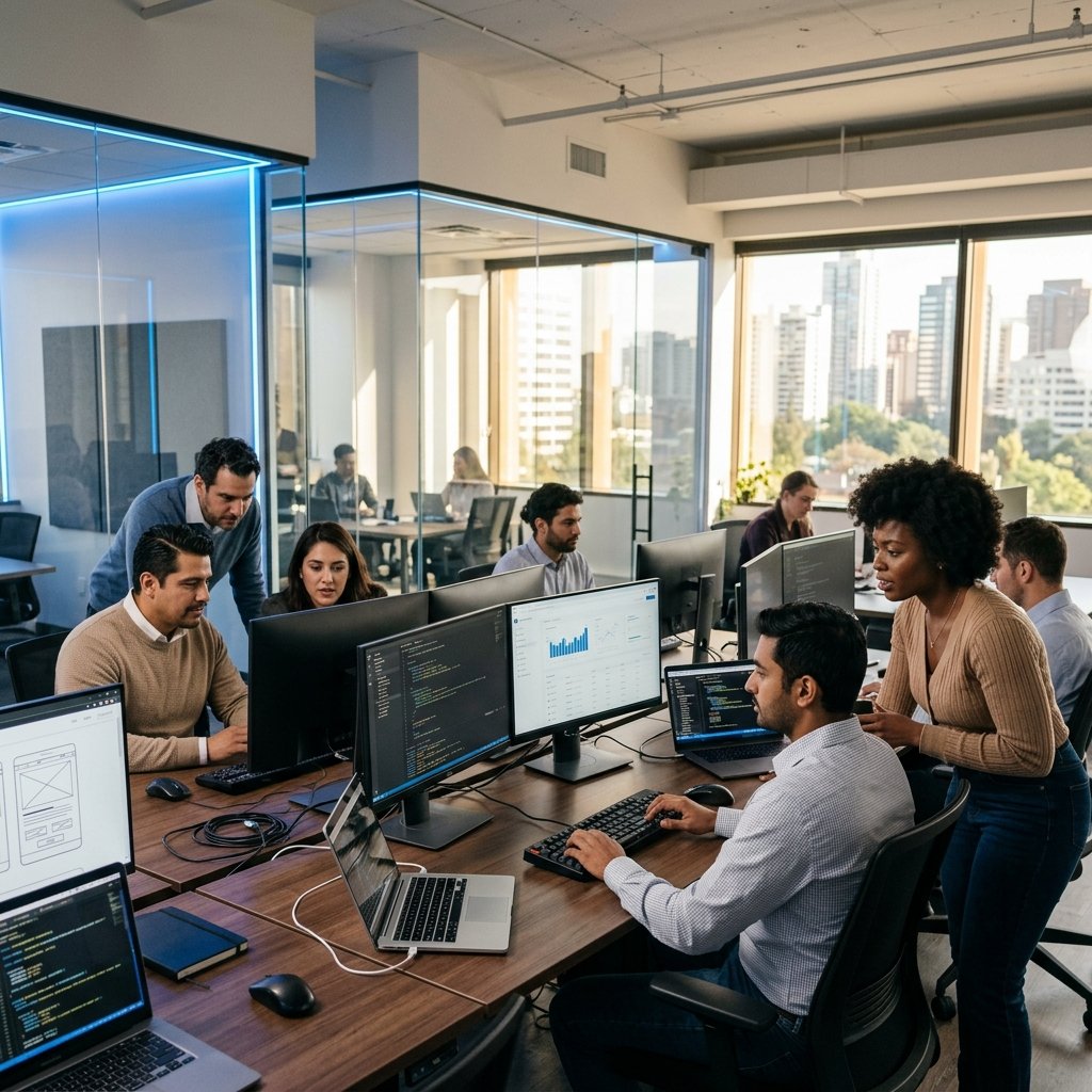 Altivian Systems team collaborating in a modern technology workspace